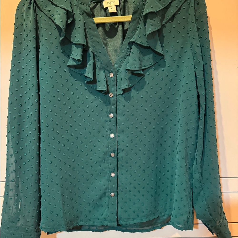 J. Crew Factory Green Blouse with Ruffled Details and Long Sleeves